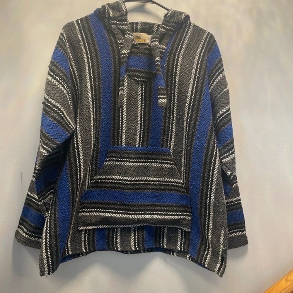 Earth Ragz Baja Hoodie Mens Medium Blue Black Striped Jerga Pullover Excellent
